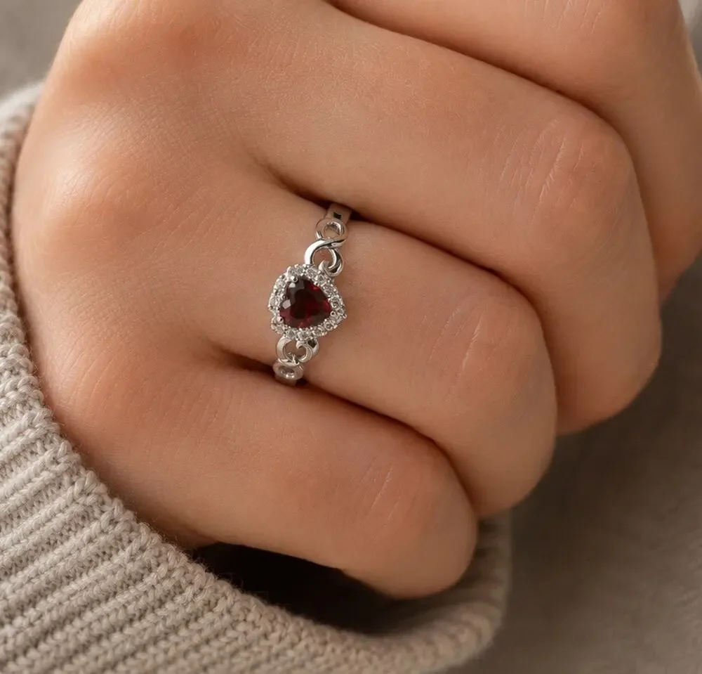 Romantic 925 Silver Red Ruby Heart Statement Ring Size 7